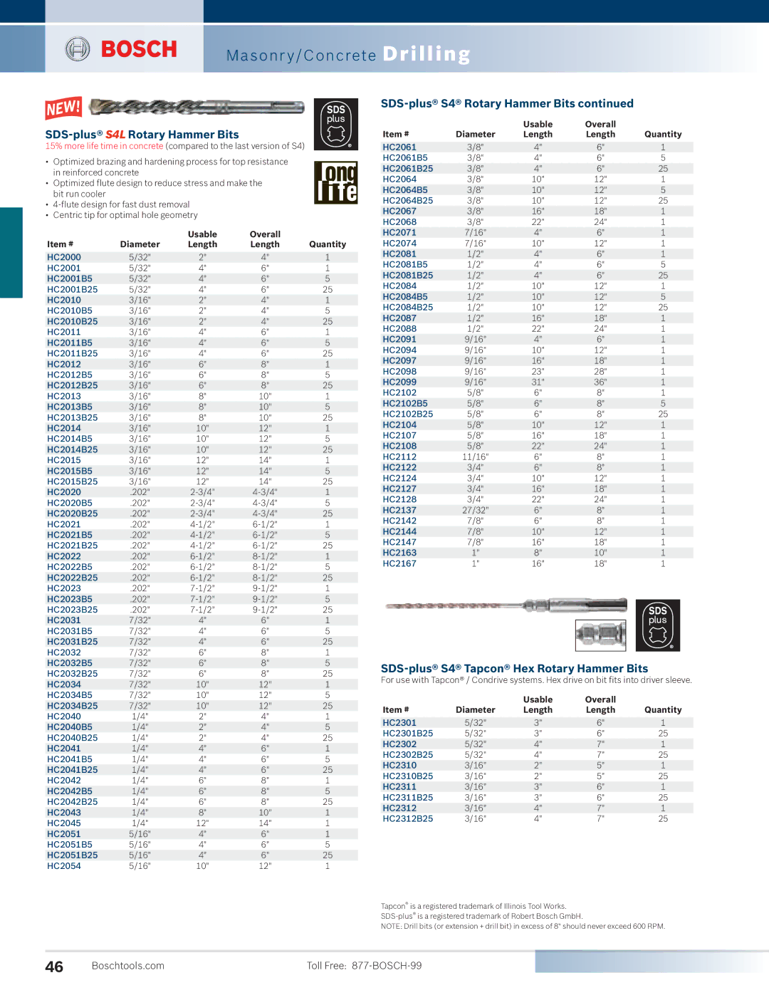 Bosch Power Tools 11253VSR, 11221DVS, 11224VSR manual SDS-plus K‚D Rotary Hammer Bits, SDS-plus S4 Rotary Hammer Bits 