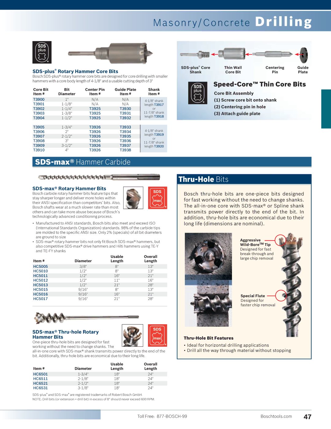 Bosch Power Tools 11221DVS, 11253VSR, 11224VSR manual Masonr y/Concrete Drilling, SDS-maxHammer Carbide, Thru-Hole Bits 