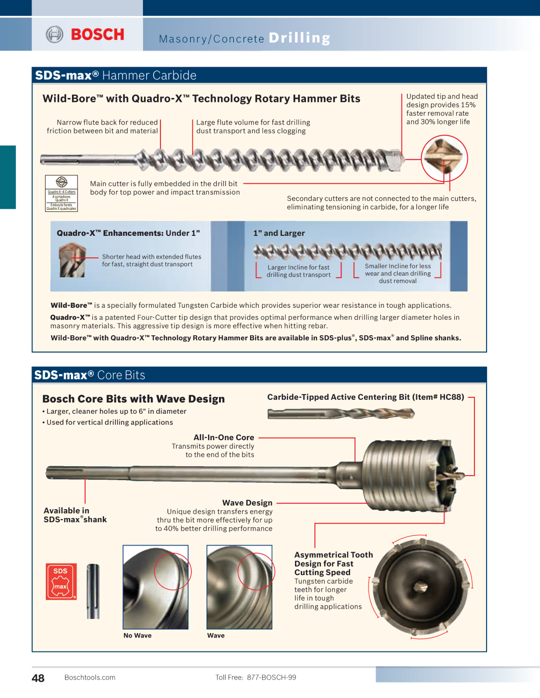 Bosch Power Tools 11224VSR, 11253VSR, 11221DVS manual SDS-max Core Bits, Wild-Borewith Quadro-XTechnology Rotary Hammer Bits 