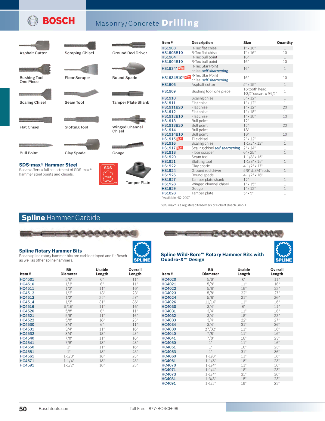 Bosch Power Tools 11221DVS, 11253VSR, 11224VSR manual Spline Hammer Carbide, SDS-max Hammer Steel, Spline Rotary Hammer Bits 