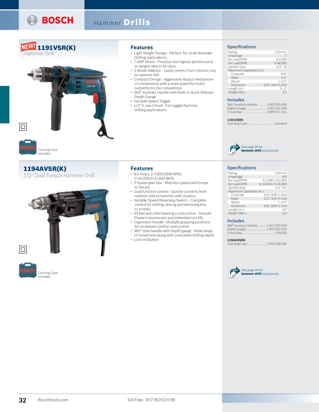 Bosch Power Tools 11221DVS, 11253VSR, 11224VSR manual 1191VSRK, 1194AVSRK, Dual Torque Hammer Drill 