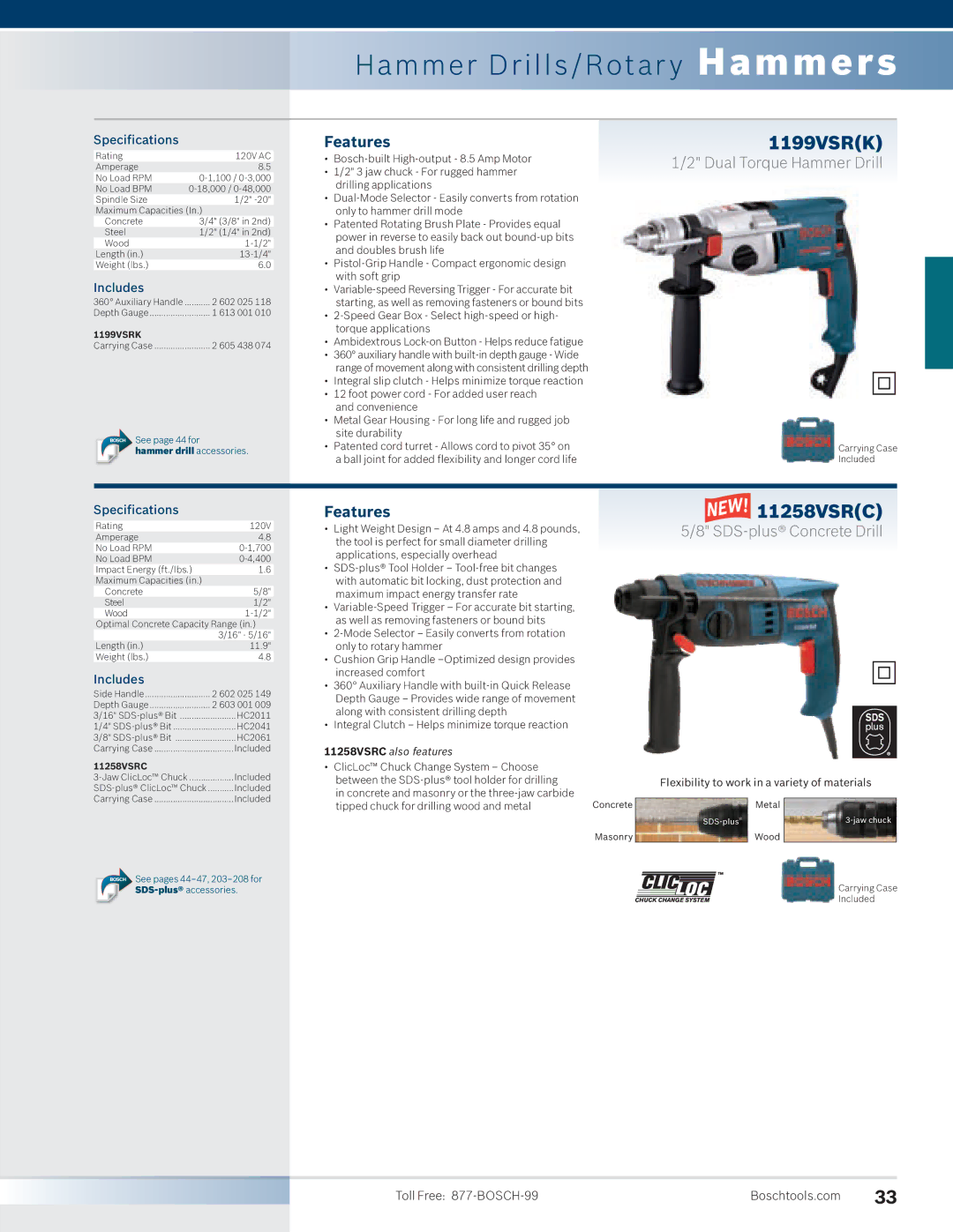 Bosch Power Tools 11224VSR, 11253VSR, 11221DVS Hammer Drills/Rotar y Hammers, 1199VSRK, 11258VSRC, SDS-plus Concrete Drill 