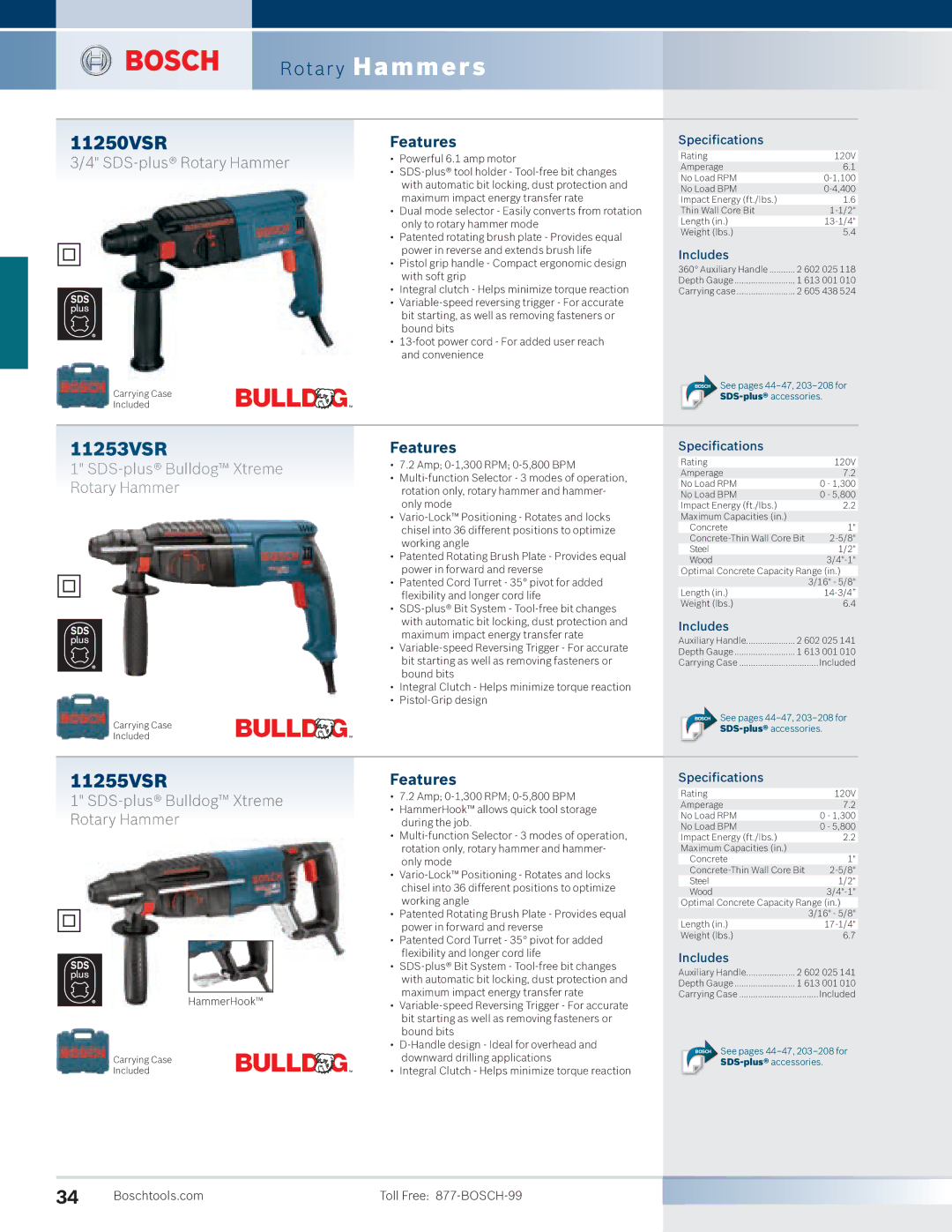 Bosch Power Tools 11253VSR, 11221DVS 11250VSR, 11255VSR, SDS-plus Rotary Hammer, SDS-plus Bulldog Xtreme Rotary Hammer 