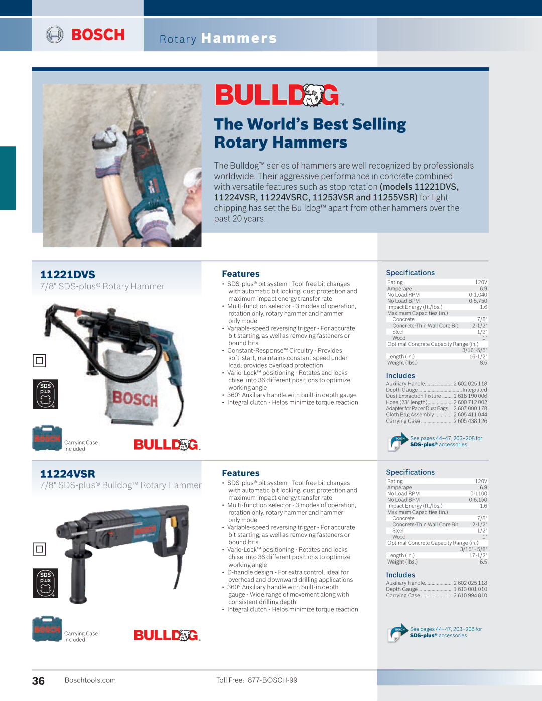 Bosch Power Tools 11224VSR, 11253VSR manual 11221DVS, SDS-plus Bulldog Rotary Hammer 