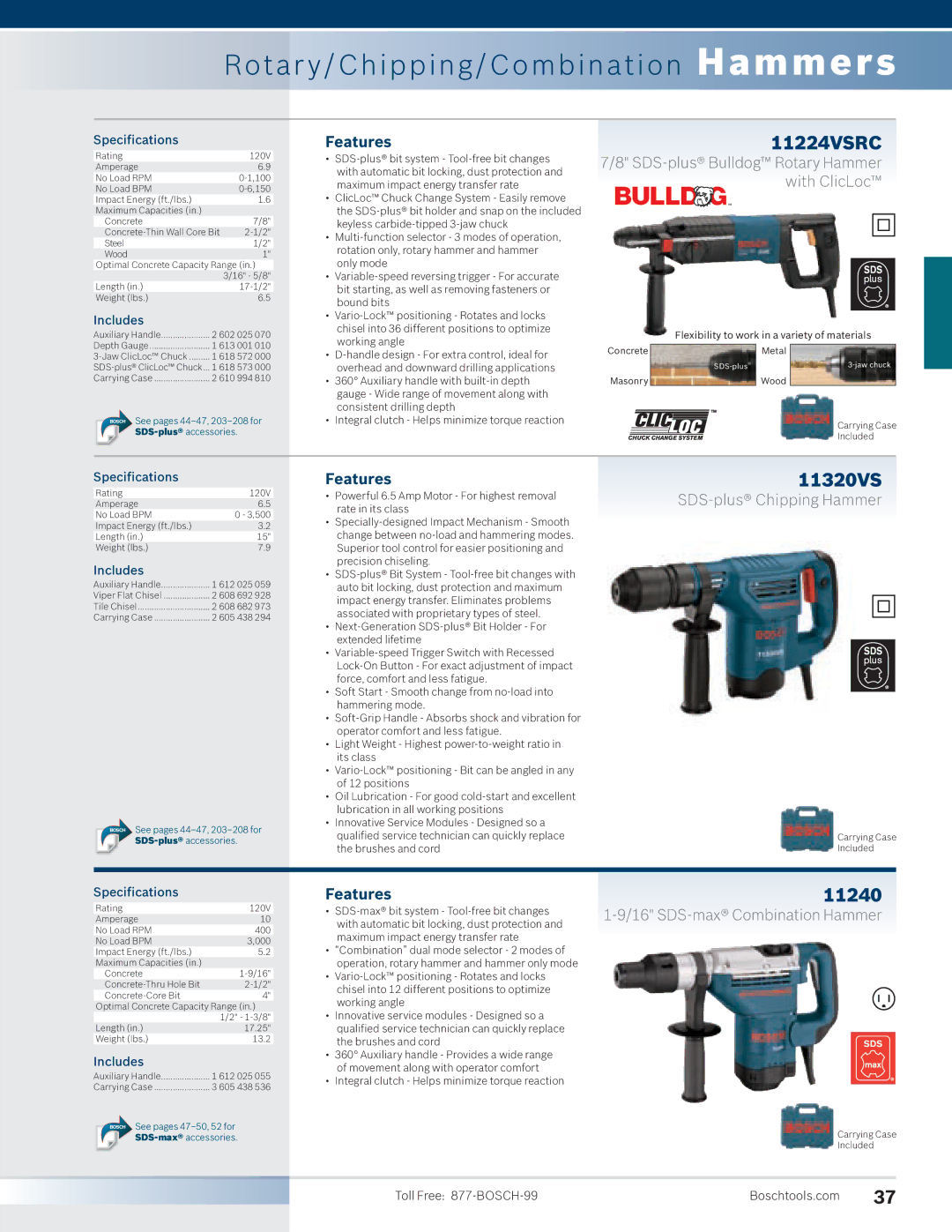 Bosch Power Tools 11253VSR, 11221DVS manual Rotar y/Chipping/Combination Hammers, 11224VSRC, 11320VS, 11240 