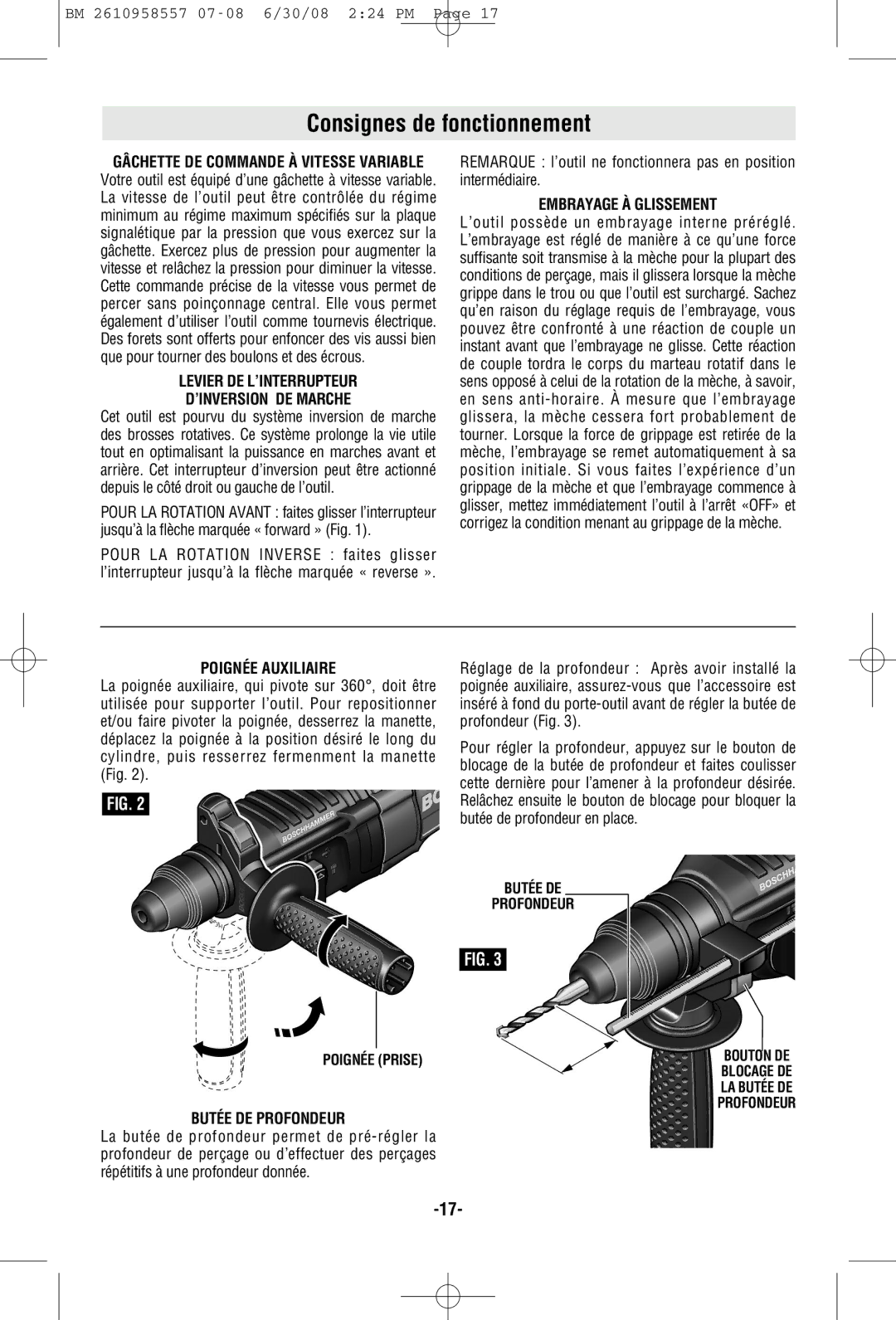 Bosch Power Tools 11255VSR Consignes de fonctionnement, Levier DE L’INTERRUPTEUR ’INVERSION DE Marche, Poignée Auxiliaire 