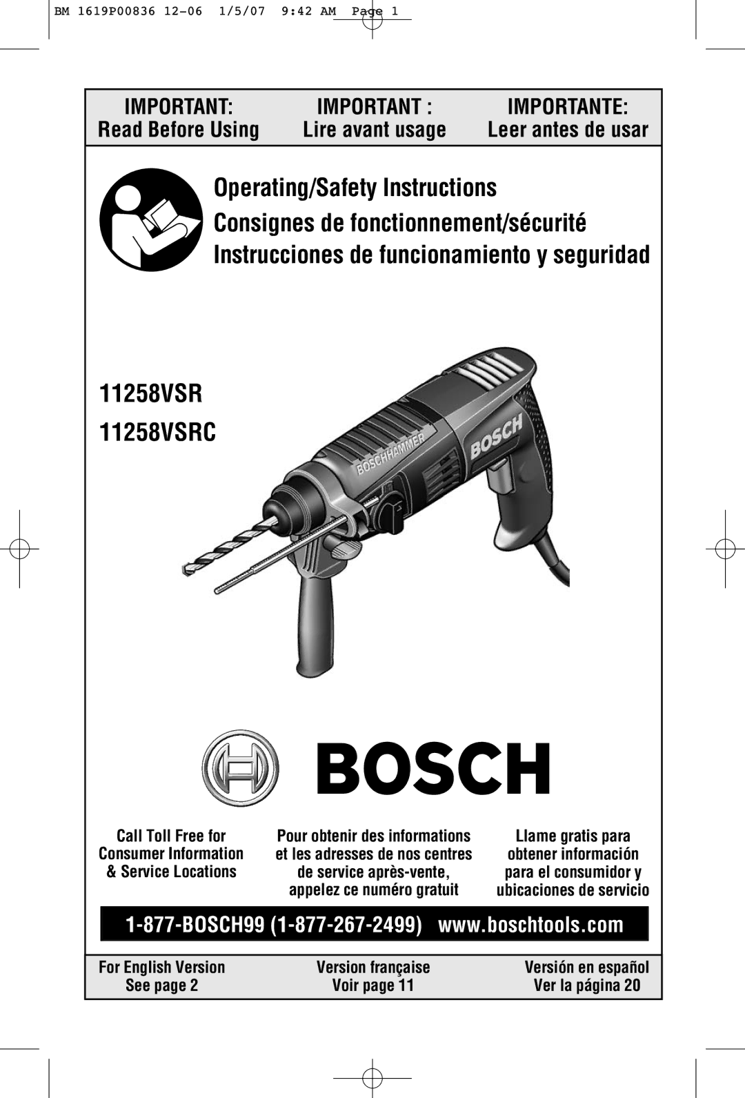 Bosch Power Tools 11258VSRC manual Leer antes de usar, For English Version Version française, See, Ver la página 