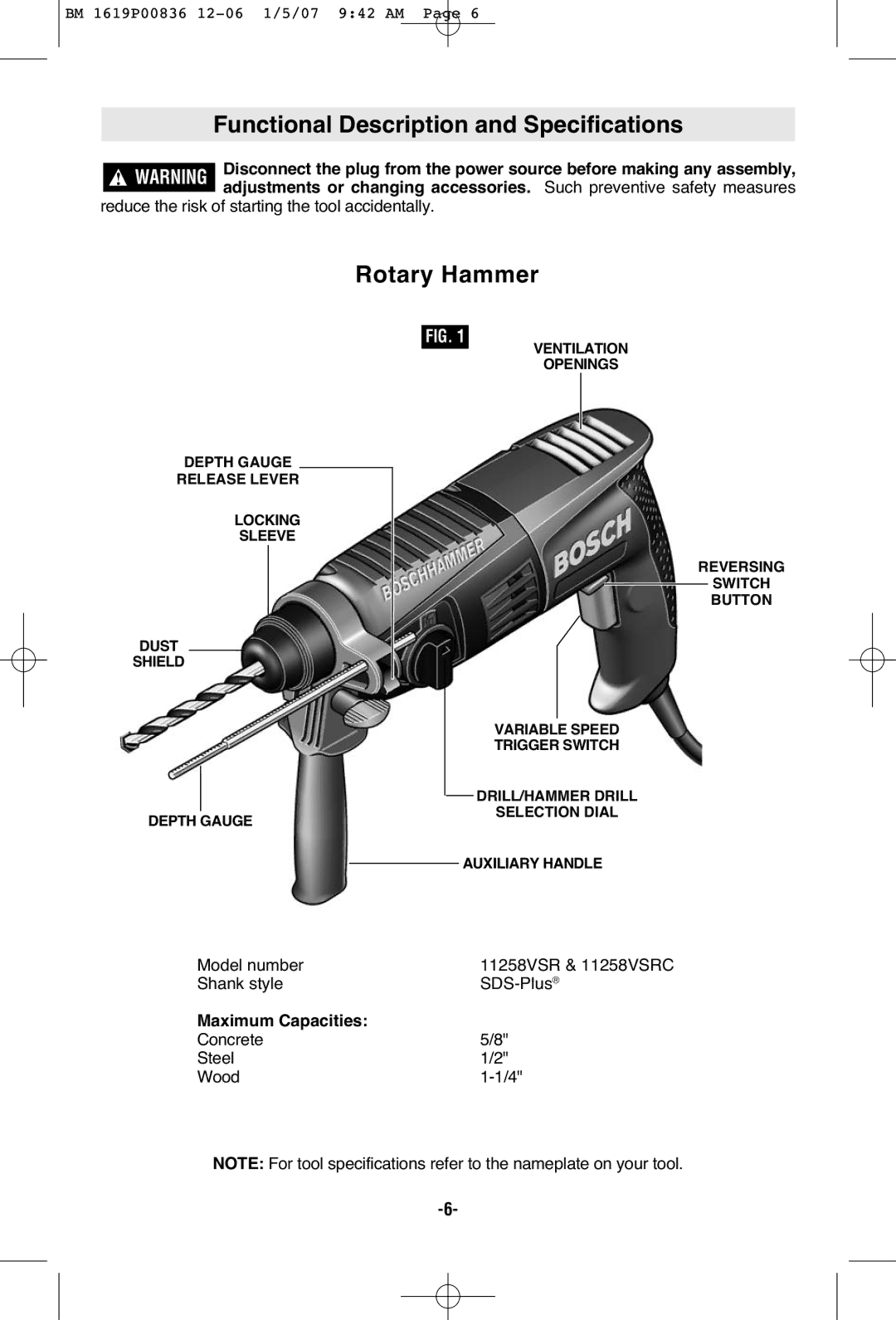 Bosch Power Tools 11258VSRC manual Functional Description and Specifications, Rotary Hammer, Maximum Capacities 