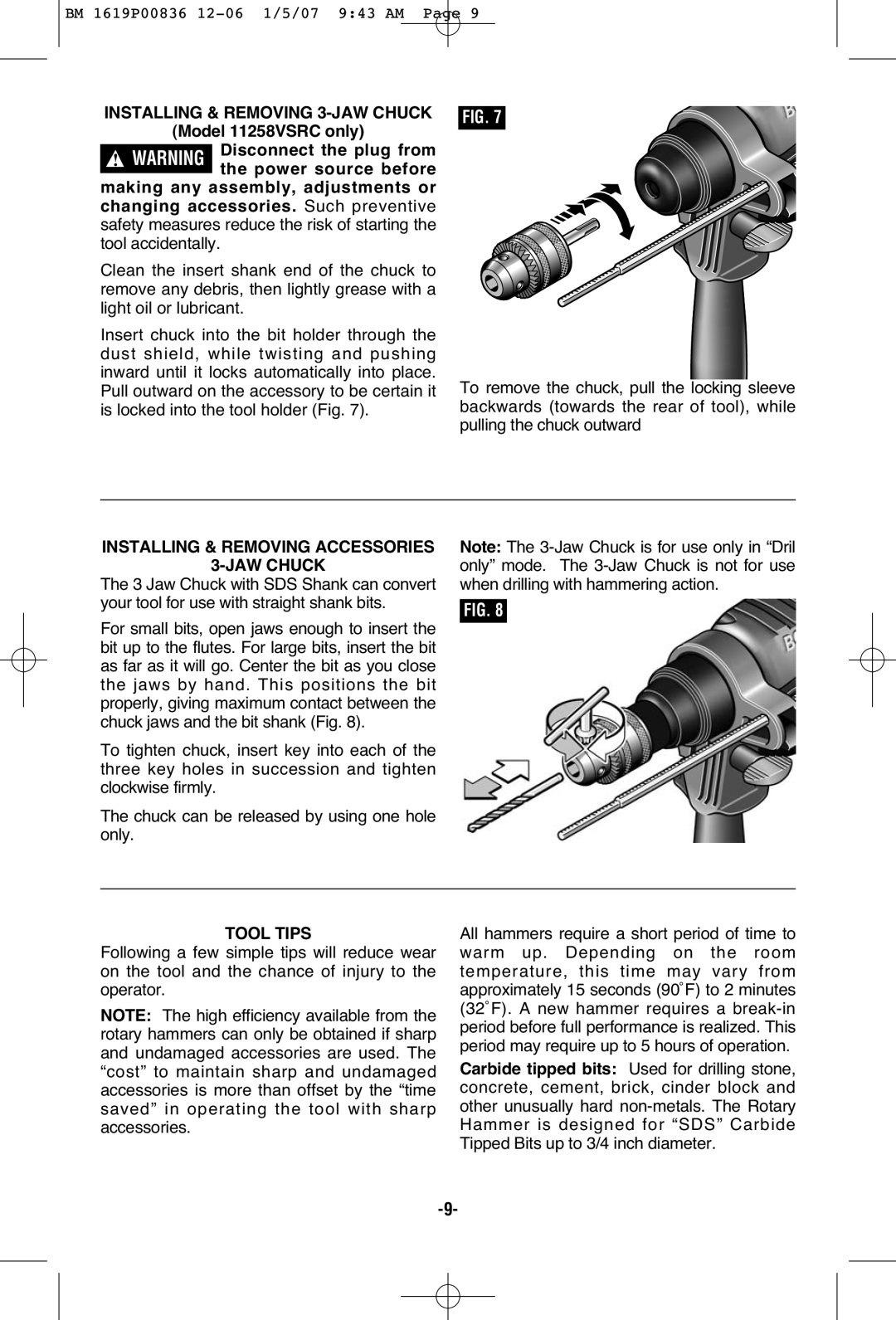 Bosch Power Tools 11258VSRC Installing & Removing 3-JAW Chuck, Installing & Removing Accessories JAW Chuck, Tool Tips 