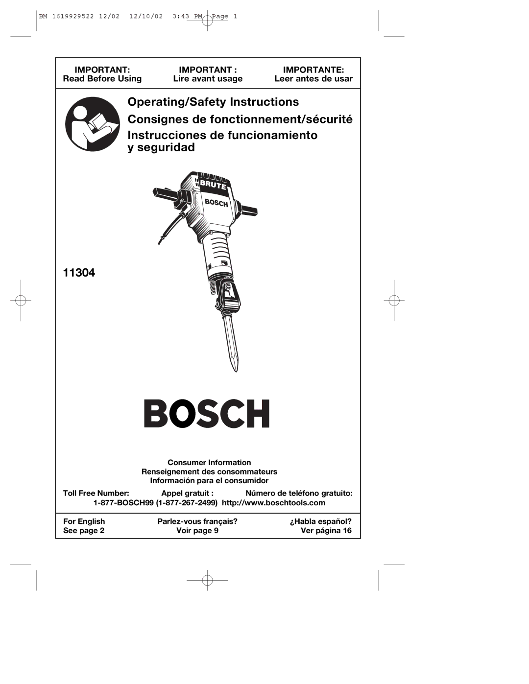 Bosch Power Tools 11304KD manual Importante 