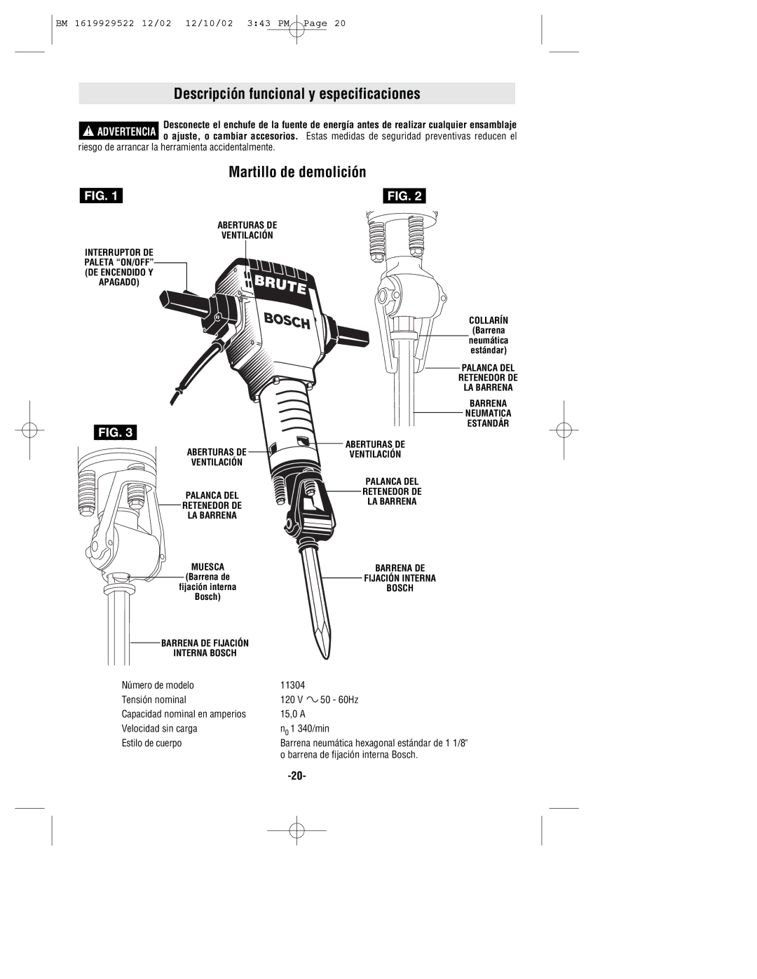 Bosch Power Tools 11304KD manual Descripción funcional y especificaciones, Martillo de demolición 