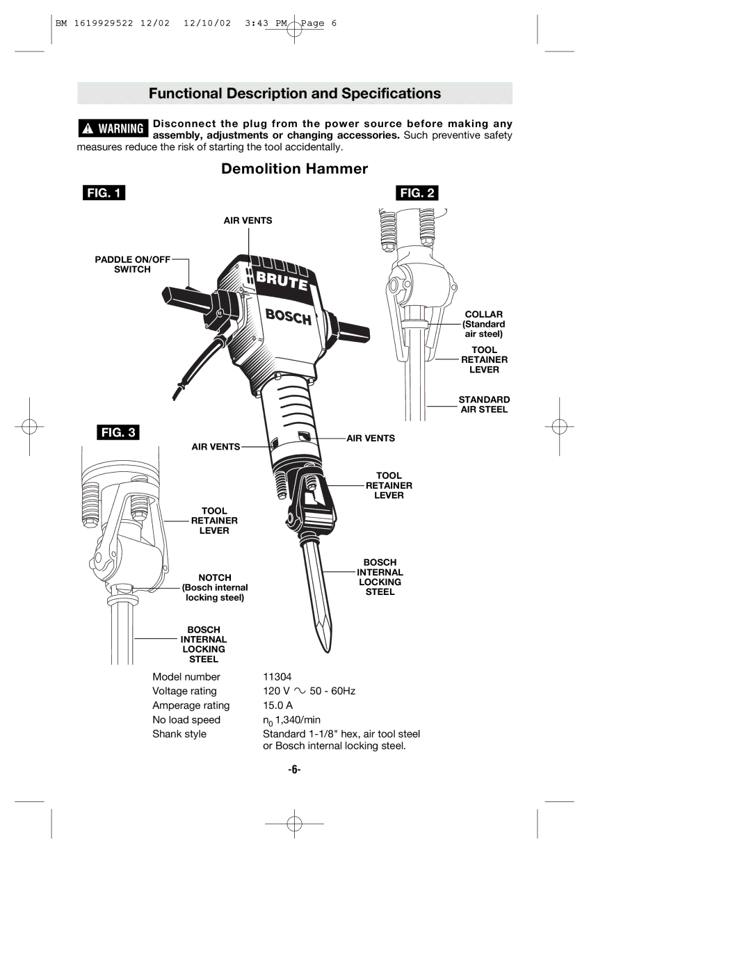 Bosch Power Tools 11304KD manual Functional Description and Specifications, Demolition Hammer 