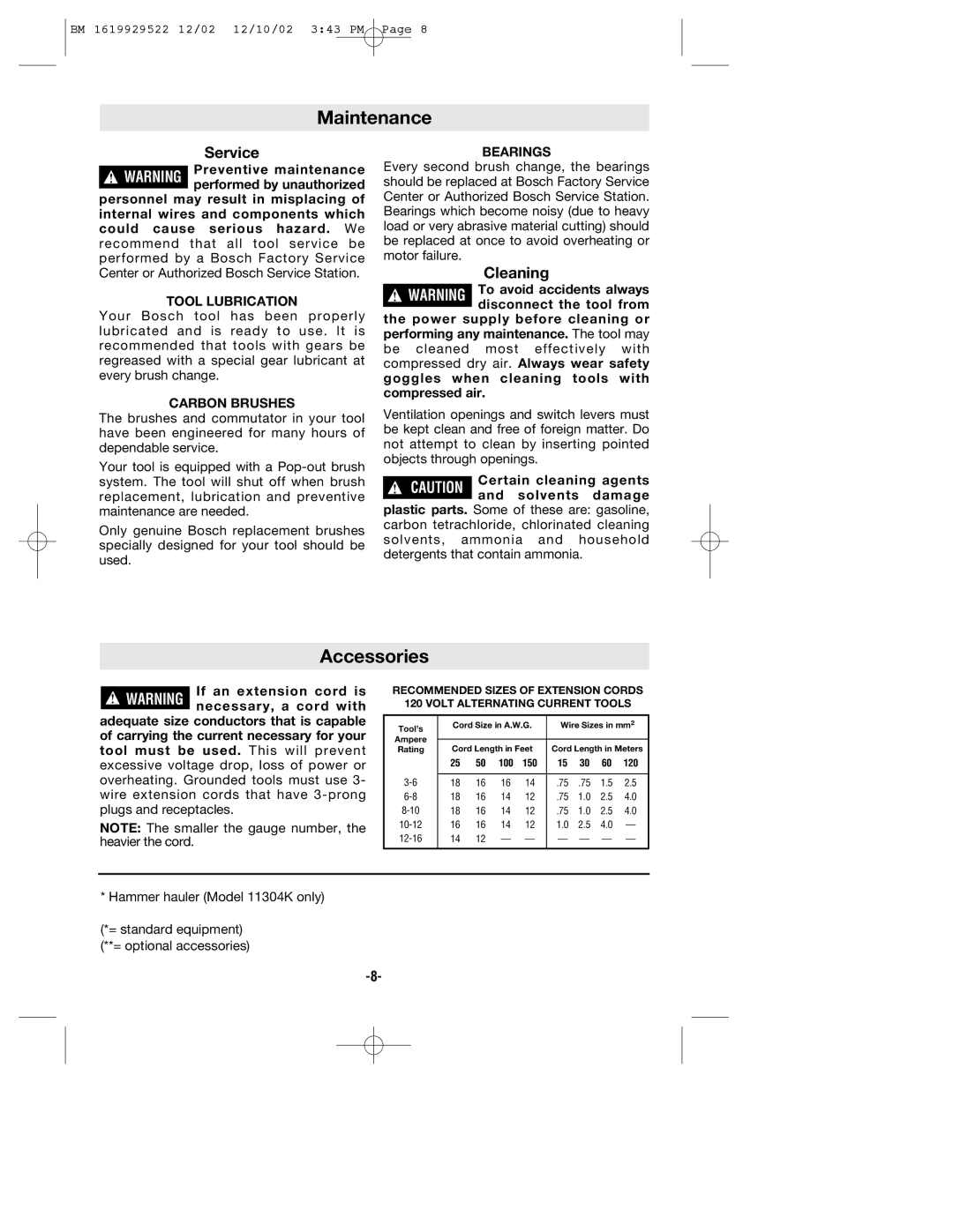 Bosch Power Tools 11304KD manual Maintenance, Accessories 