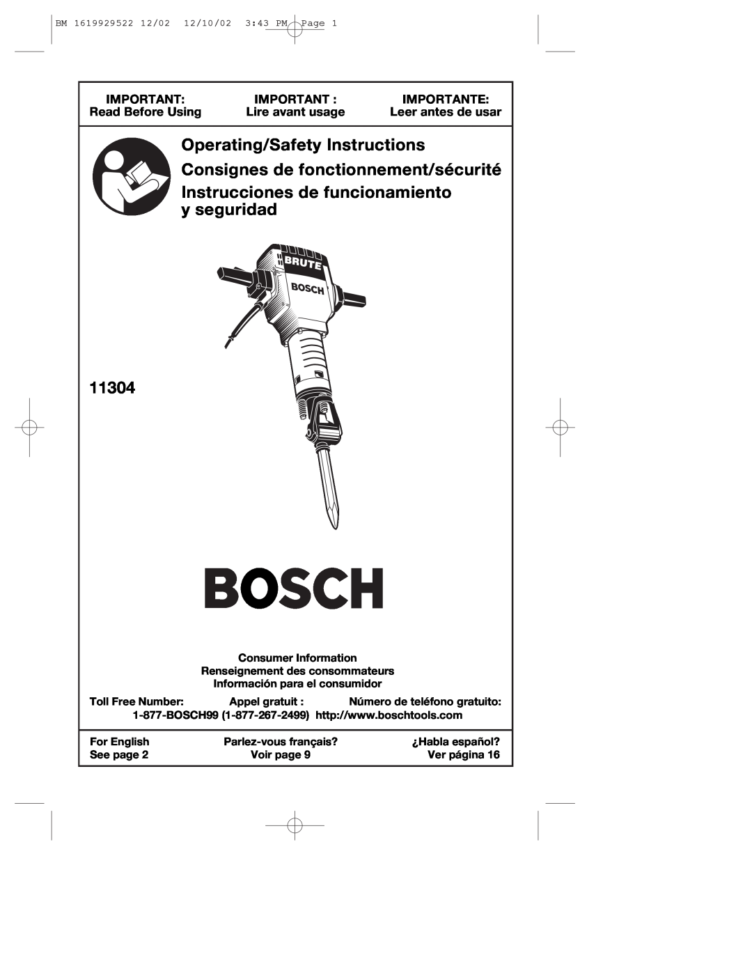 Bosch Power Tools 11304KD manual Importante, Read Before Using, Lire avant usage, Leer antes de usar 