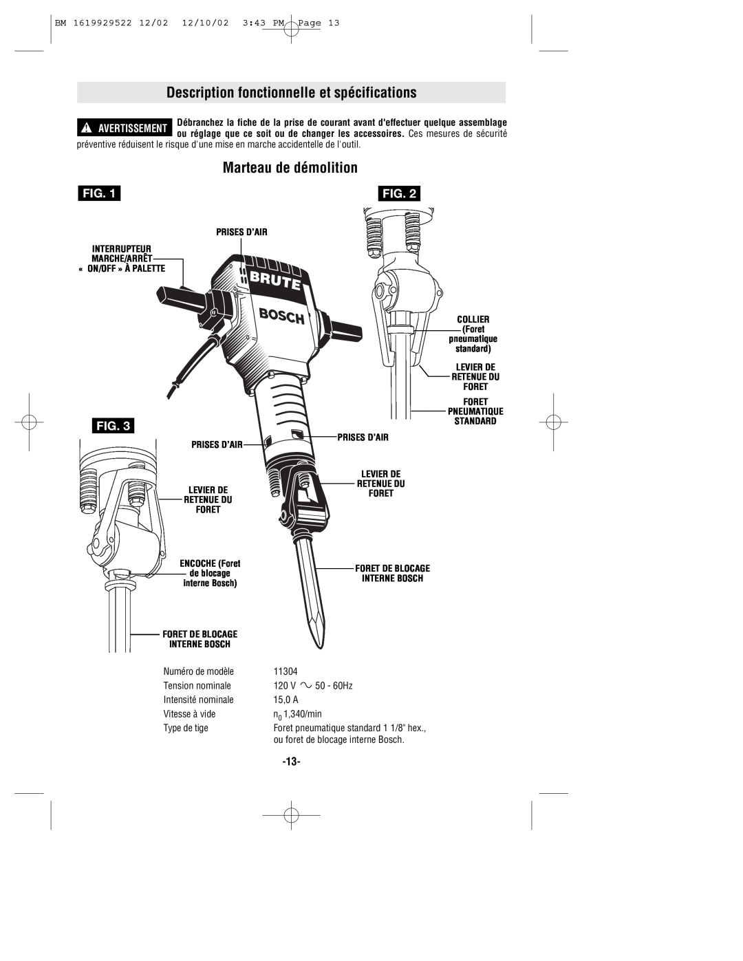 Bosch Power Tools 11304K Description fonctionnelle et spécifications, Marteau de démolition, Numéro de modèle, 50 - 60Hz 