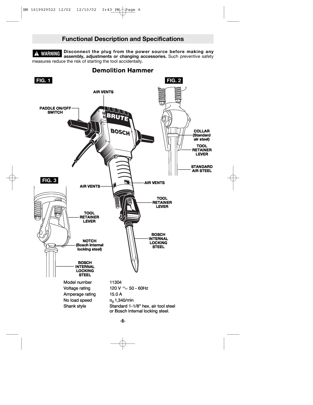 Bosch Power Tools 11304KD manual Functional Description and Specifications, Demolition Hammer 