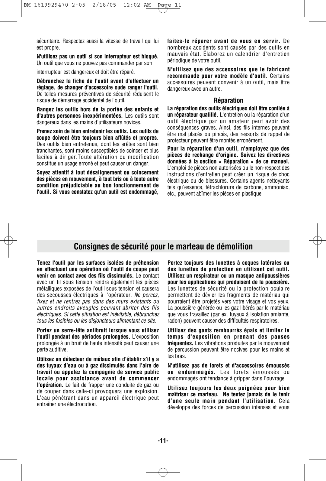 Bosch Power Tools 11316EVS manual Consignes de sécurité pour le marteau de démolition, Réparation 