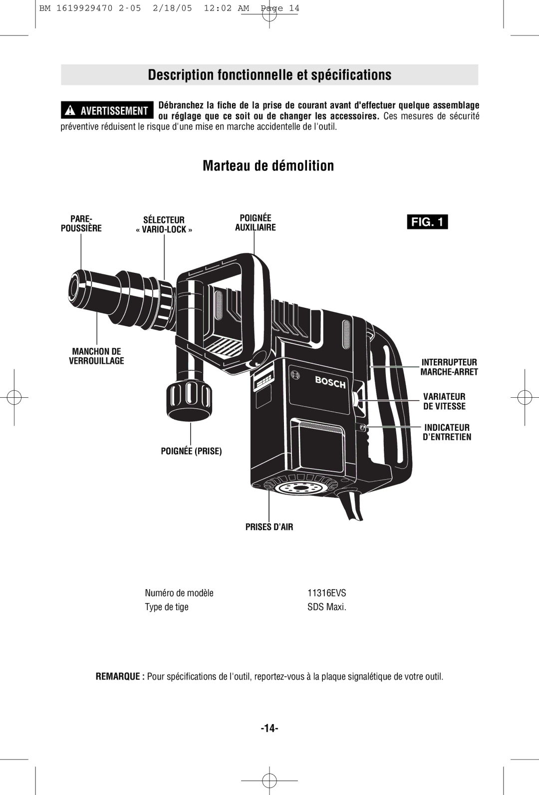 Bosch Power Tools 11316EVS manual Description fonctionnelle et spécifications, Marteau de démolition, Numéro de modèle 