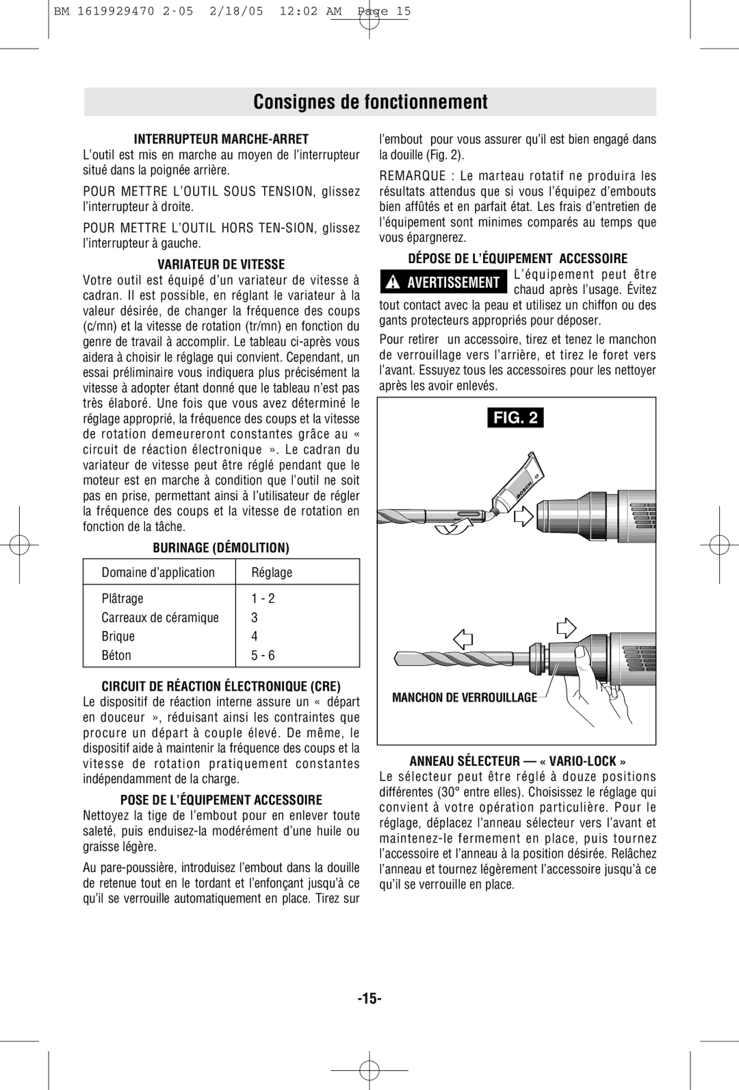 Bosch Power Tools 11316EVS manual Consignes de fonctionnement 