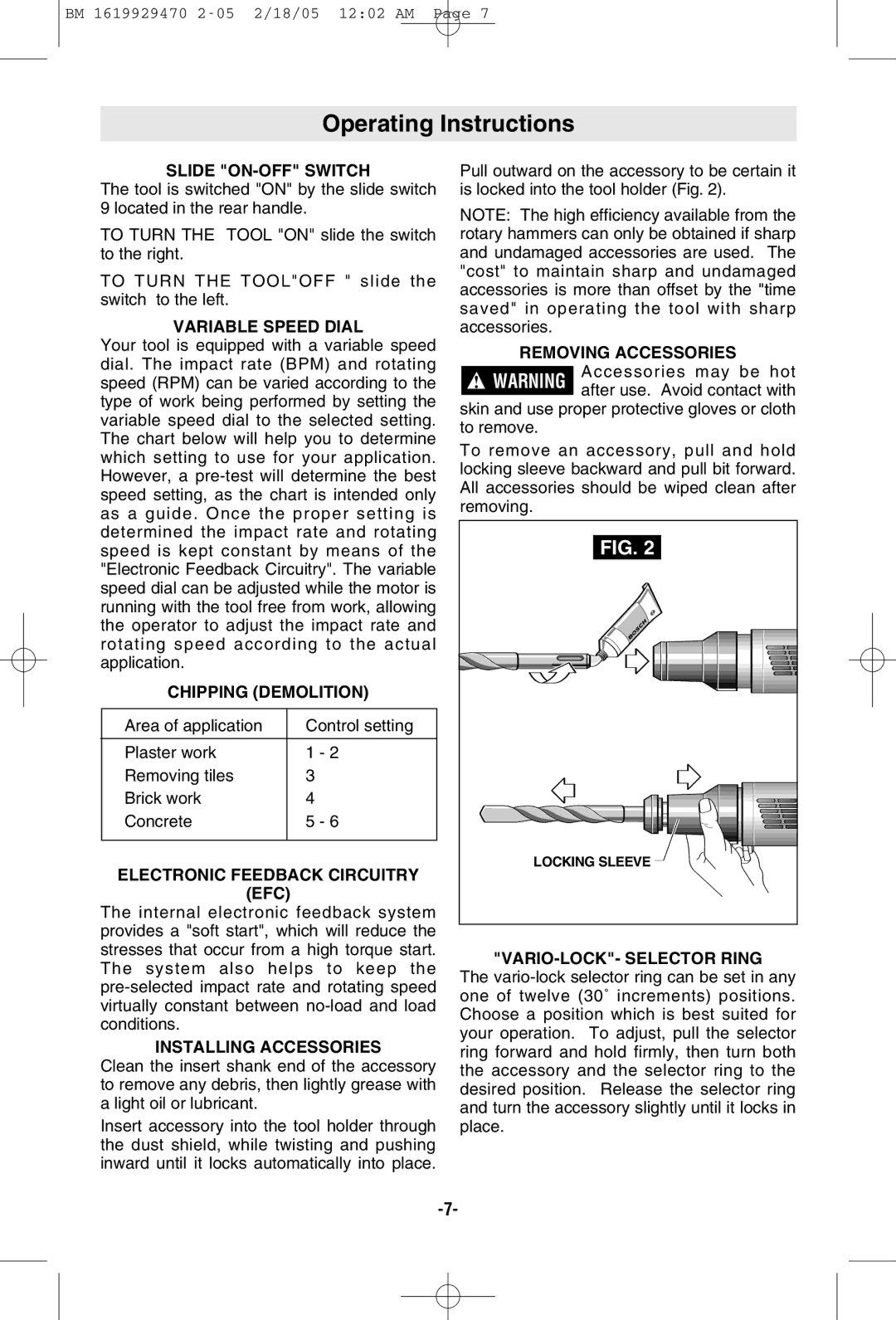 Bosch Power Tools 11316EVS manual Operating Instructions 