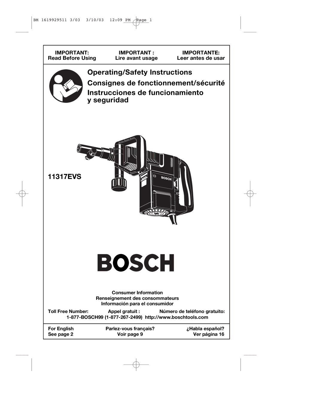 Bosch Power Tools 11317EVS manual Importante 