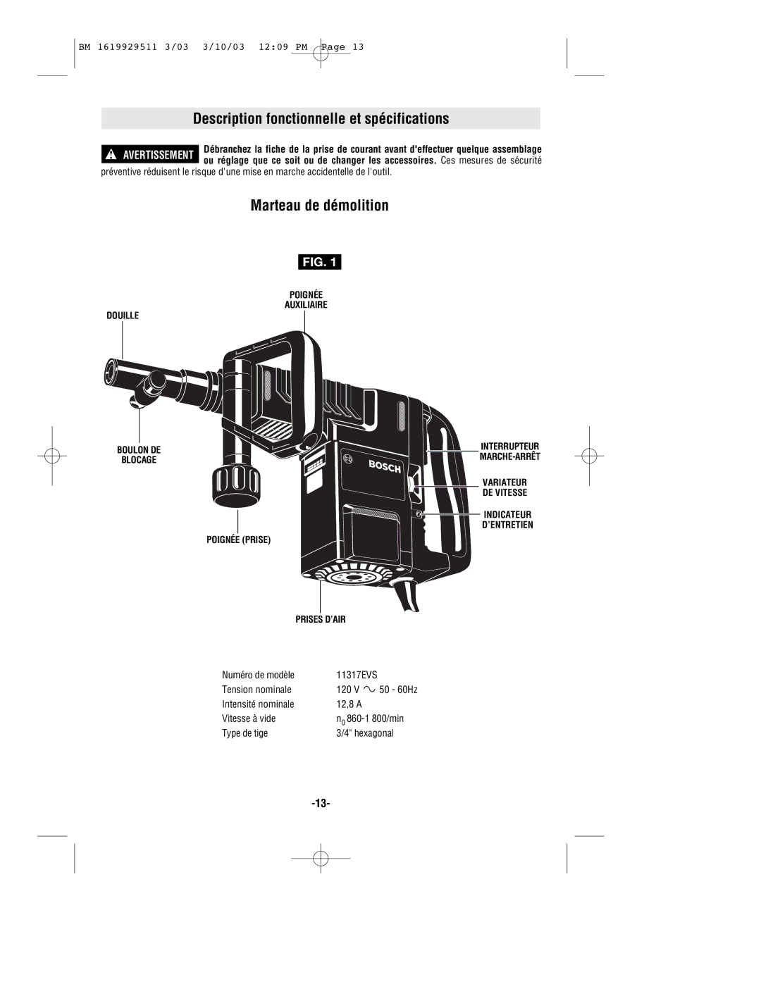 Bosch Power Tools 11317EVS manual Description fonctionnelle et spécifications, Marteau de démolition 