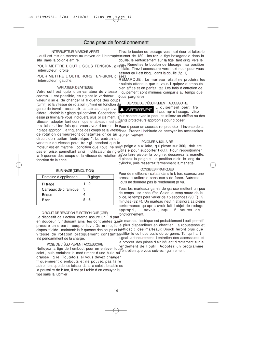 Bosch Power Tools 11317EVS manual Consignes de fonctionnement 