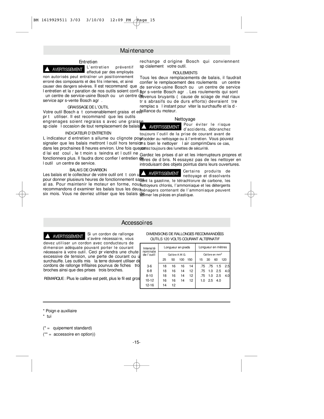 Bosch Power Tools 11317EVS manual Maintenance, Accessoires, Entretien, Nettoyage 