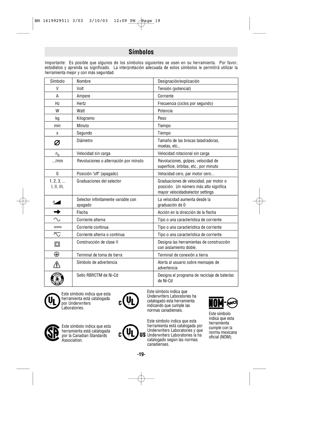 Bosch Power Tools 11317EVS manual Símbolos, De Ni-Cd 