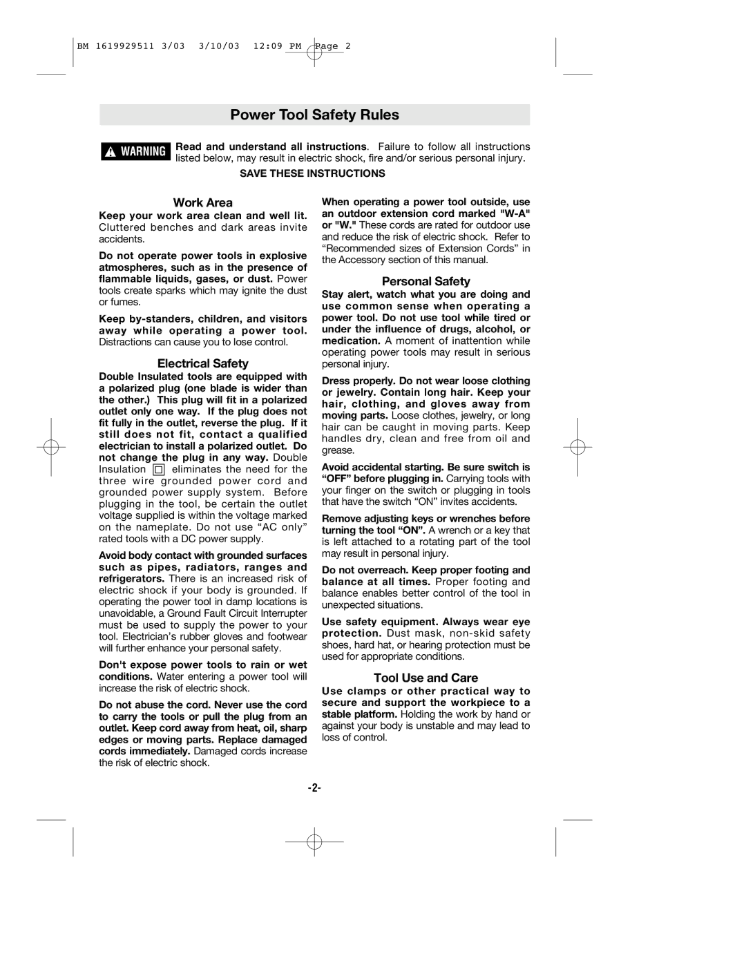 Bosch Power Tools 11317EVS manual Power Tool Safety Rules, Work Area 