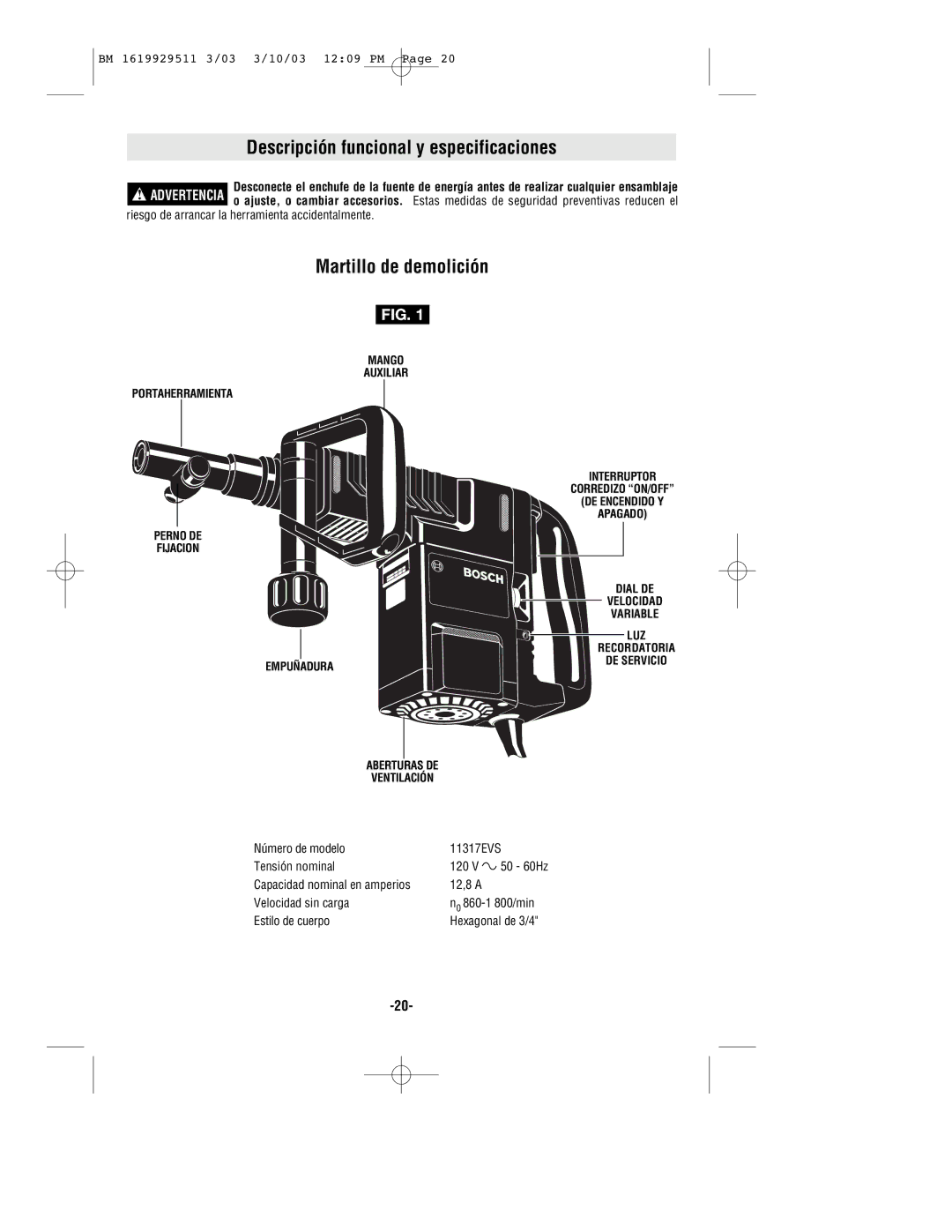 Bosch Power Tools 11317EVS manual Descripción funcional y especificaciones, Martillo de demolición 