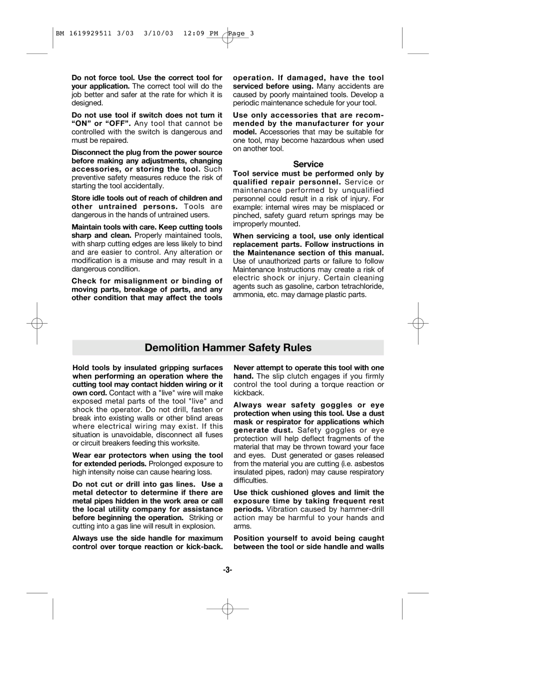 Bosch Power Tools 11317EVS manual Demolition Hammer Safety Rules, Service 