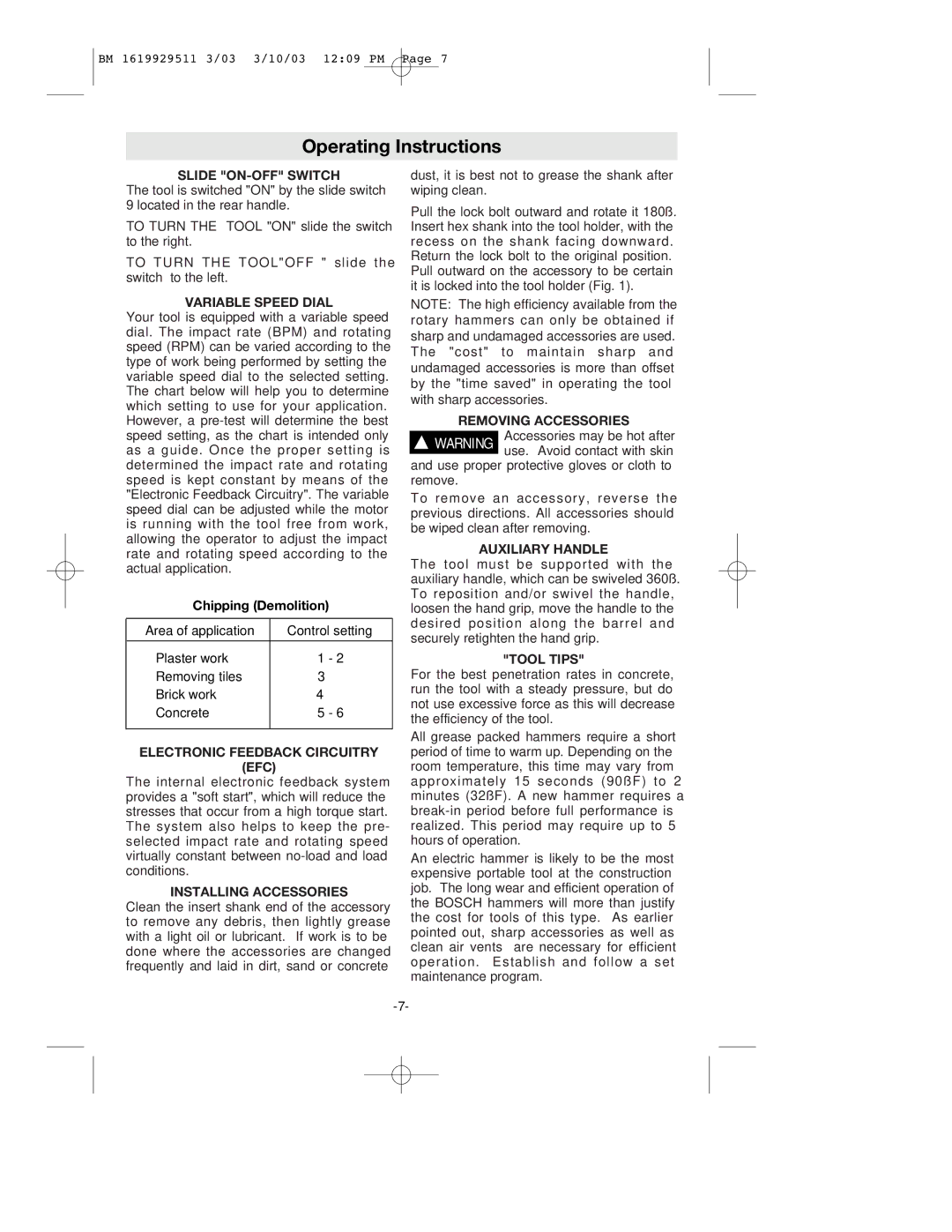 Bosch Power Tools 11317EVS manual Operating Instructions, Slide ON-OFF Switch 