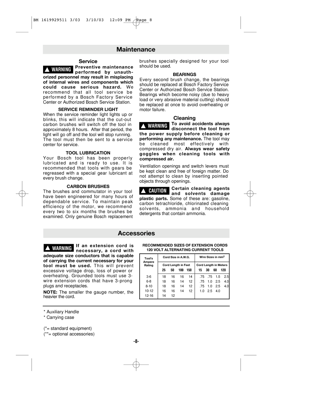 Bosch Power Tools 11317EVS manual Maintenance, Accessories 