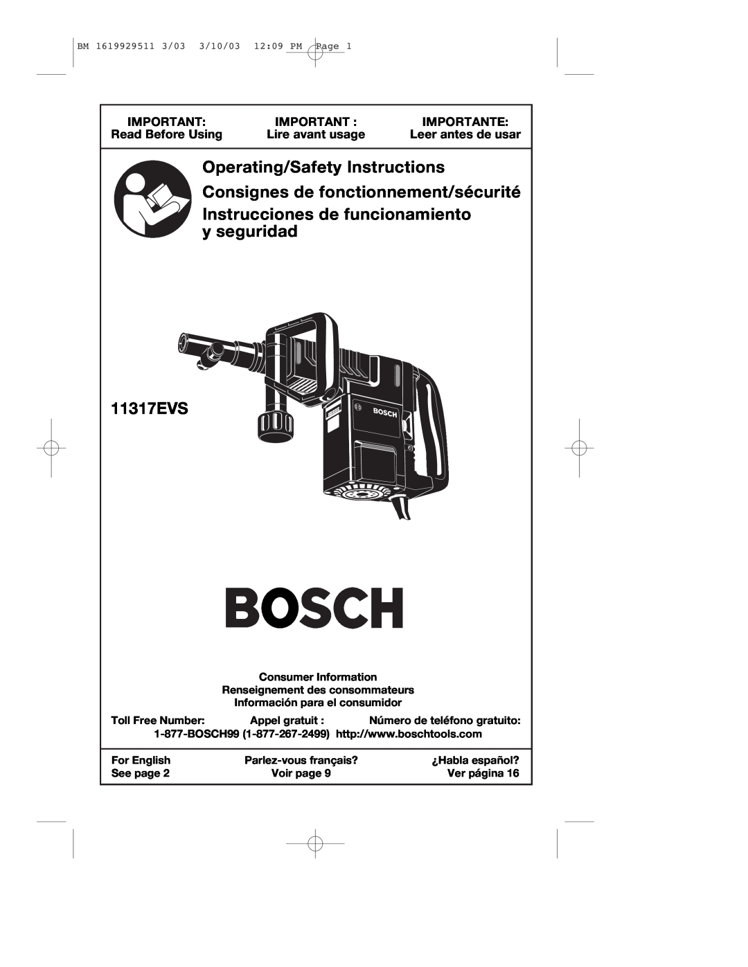 Bosch Power Tools 11317EVS manual Importante, Read Before Using, Lire avant usage, Leer antes de usar 