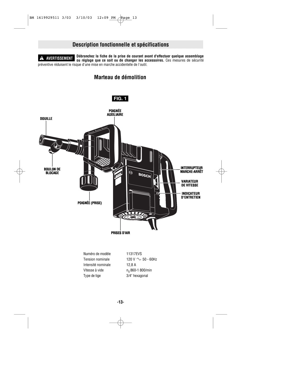 Bosch Power Tools 11317EVS manual Description fonctionnelle et spécifications, Marteau de démolition, Prises D’Air 