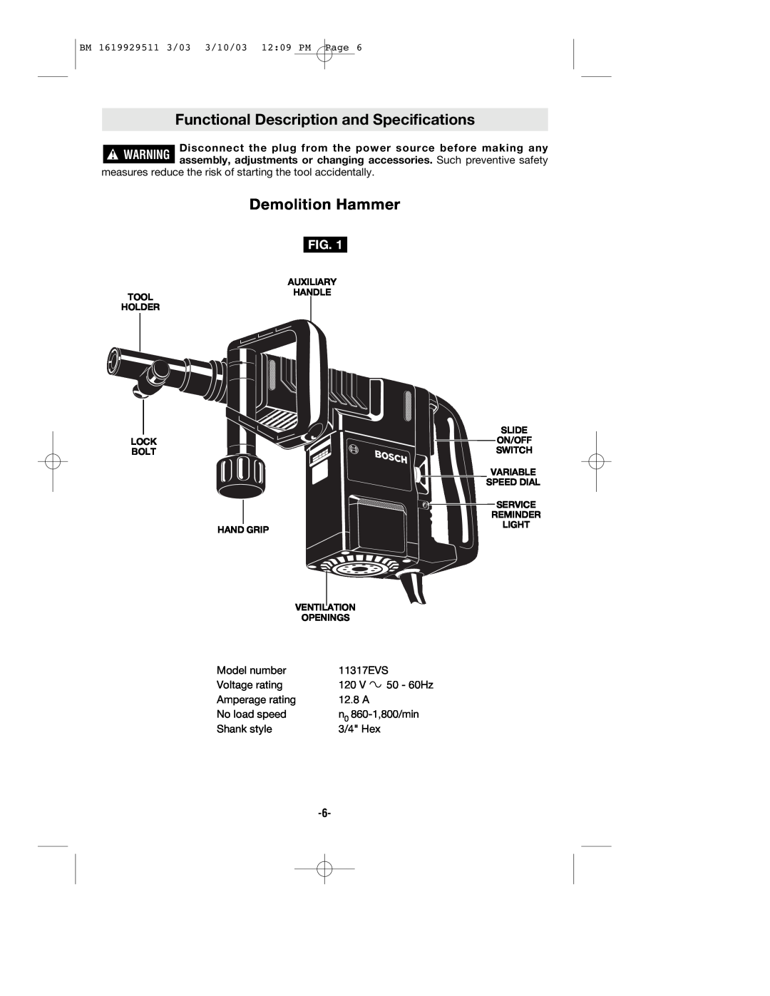 Bosch Power Tools 11317EVS manual Functional Description and Specifications, Demolition Hammer 