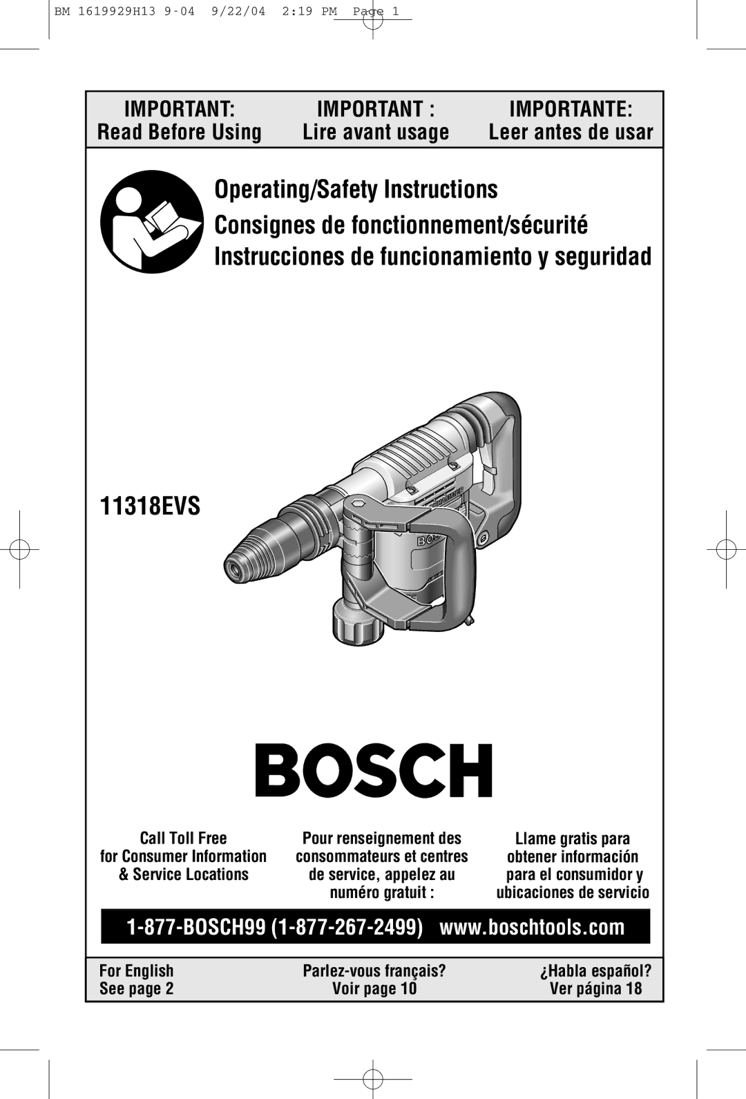 Bosch Power Tools 11318EVS manual Call Toll Free, Service Locations, For English, See 