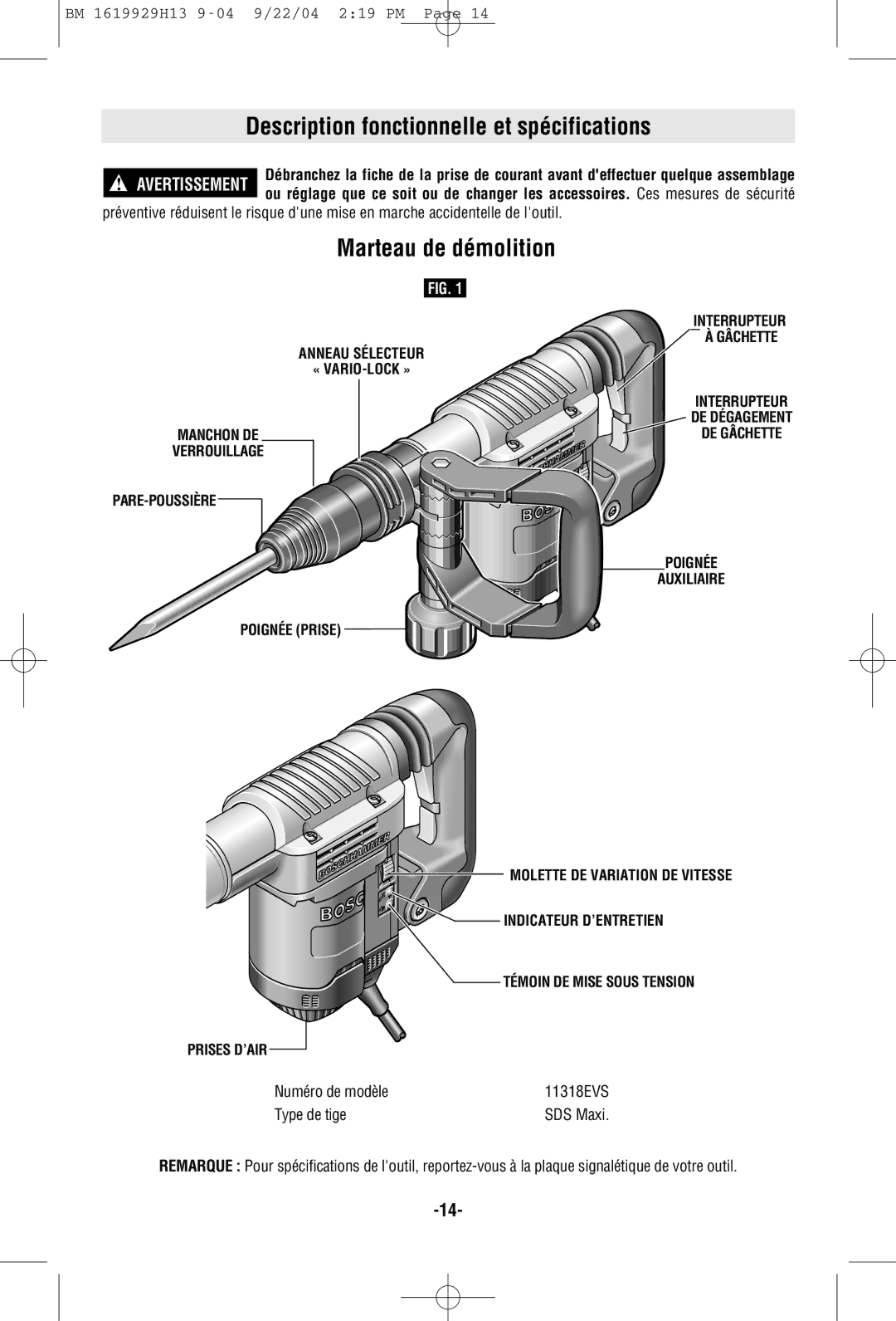 Bosch Power Tools 11318EVS manual Description fonctionnelle et spécifications, Marteau de démolition, Numéro de modèle 