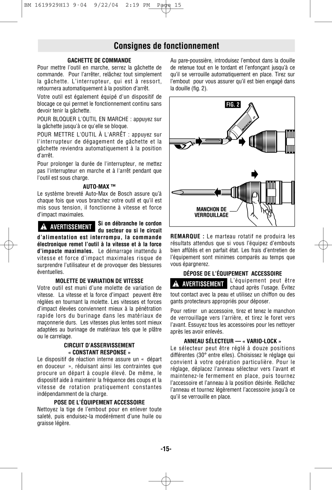 Bosch Power Tools 11318EVS manual Consignes de fonctionnement 