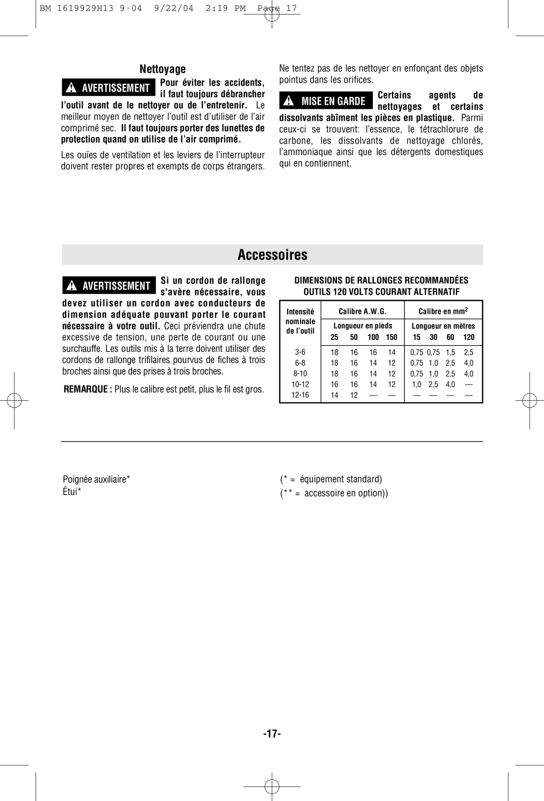 Bosch Power Tools 11318EVS manual Accessoires, Nettoyage, Poignée auxiliaire, Étui 