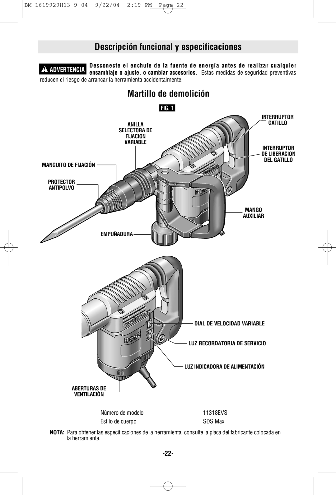 Bosch Power Tools 11318EVS manual Descripción funcional y especificaciones, Martillo de demolición, Número de modelo 