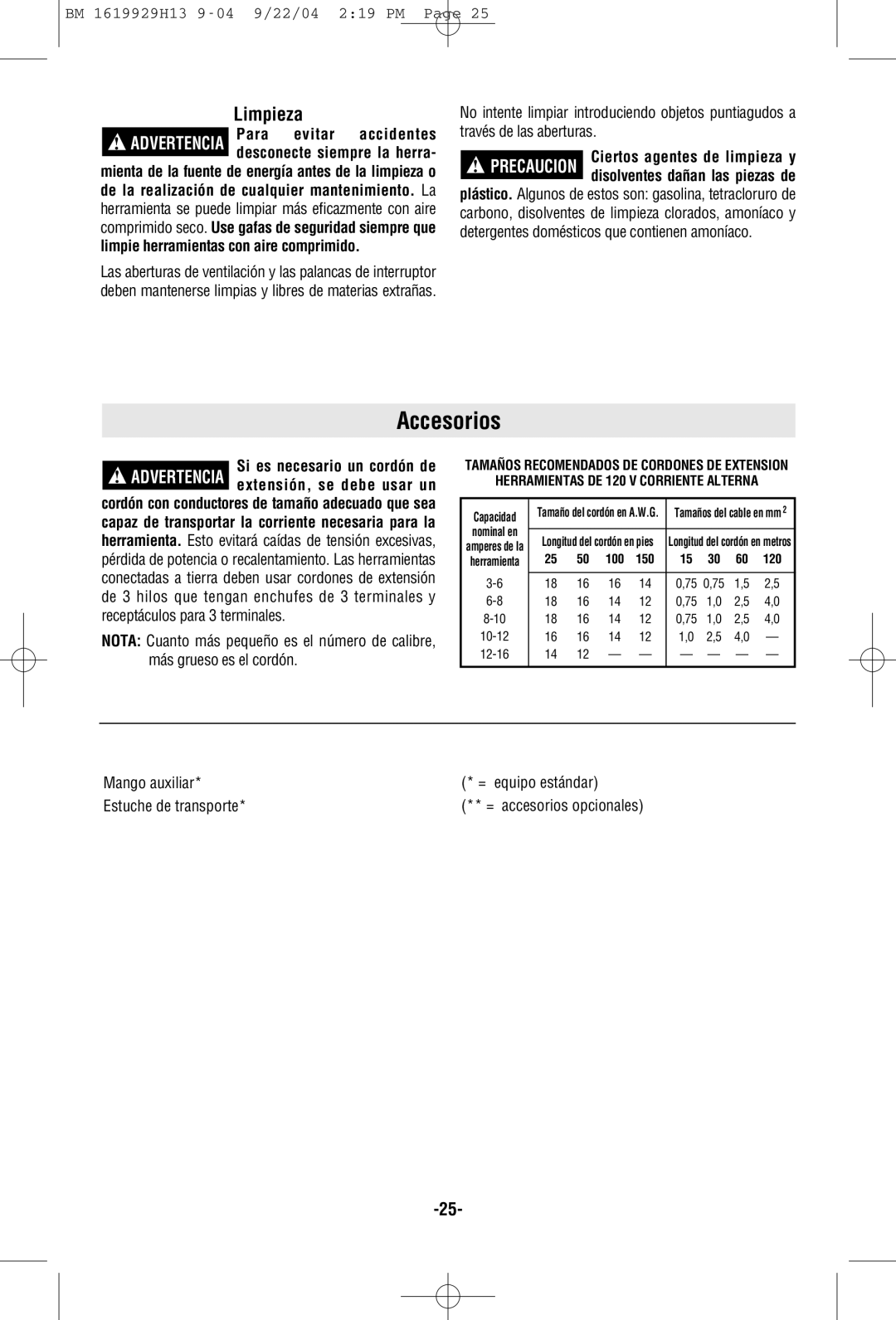 Bosch Power Tools 11318EVS manual Accesorios, Limpieza, Mango auxiliar Equipo estándar Estuche de transporte 