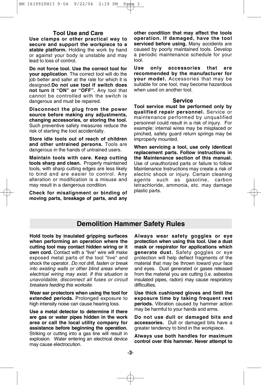 Bosch Power Tools 11318EVS manual Demolition Hammer Safety Rules, Tool Use and Care, Service 