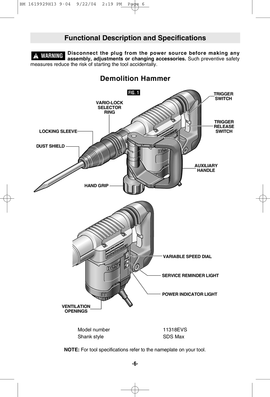 Bosch Power Tools 11318EVS manual Functional Description and Specifications, Demolition Hammer 