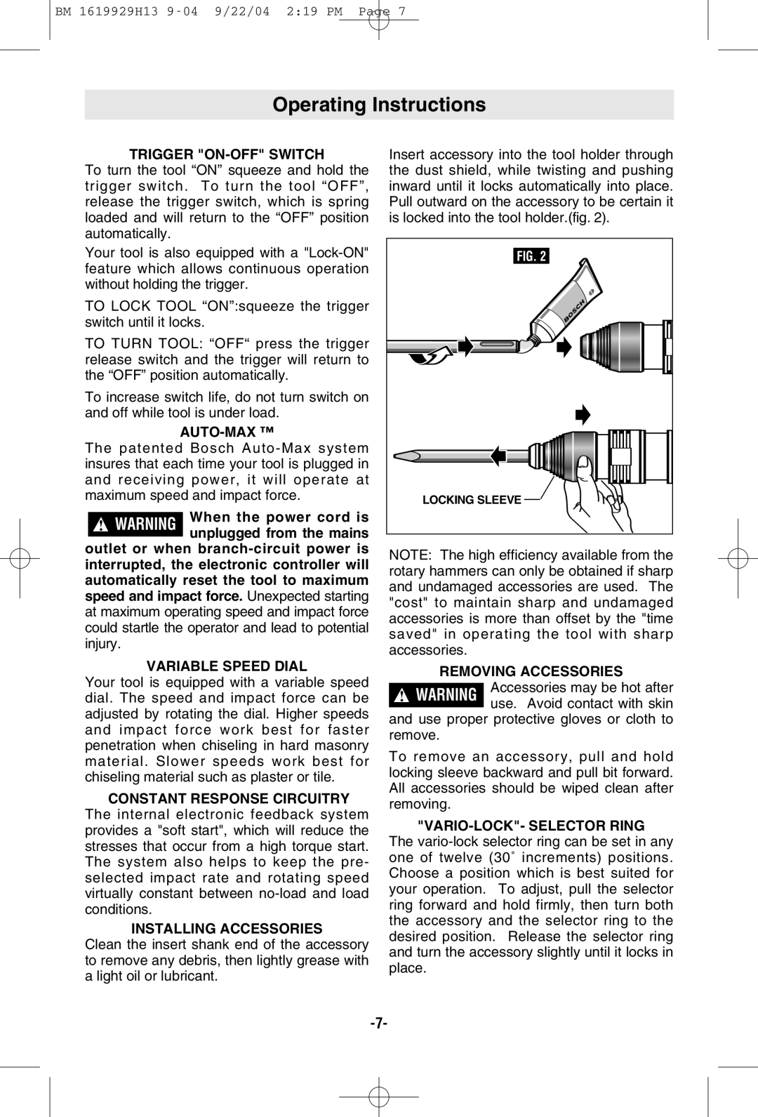 Bosch Power Tools 11318EVS manual Operating Instructions 