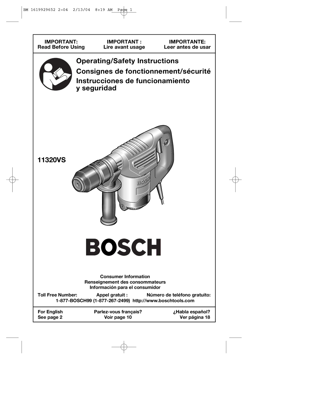 Bosch Power Tools 11320VS manual Importante 