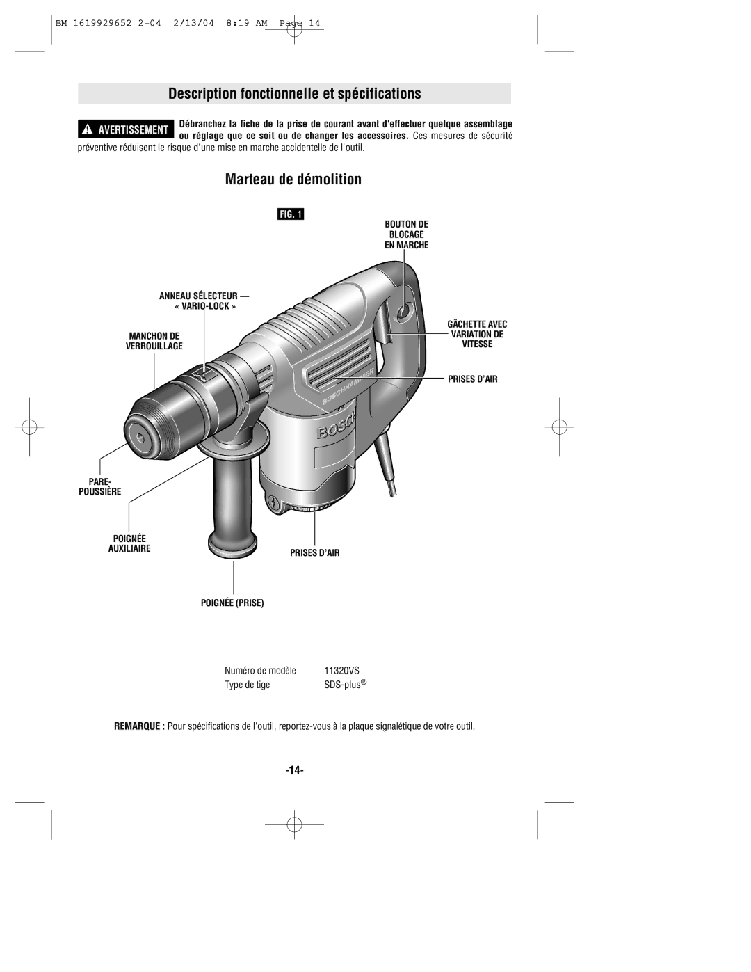 Bosch Power Tools 11320VS manual Description fonctionnelle et spécifications, Marteau de démolition 