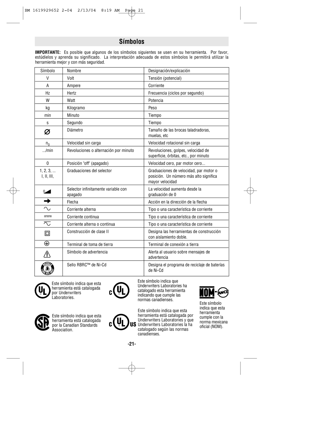 Bosch Power Tools 11320VS manual Símbolos, De Ni-Cd 