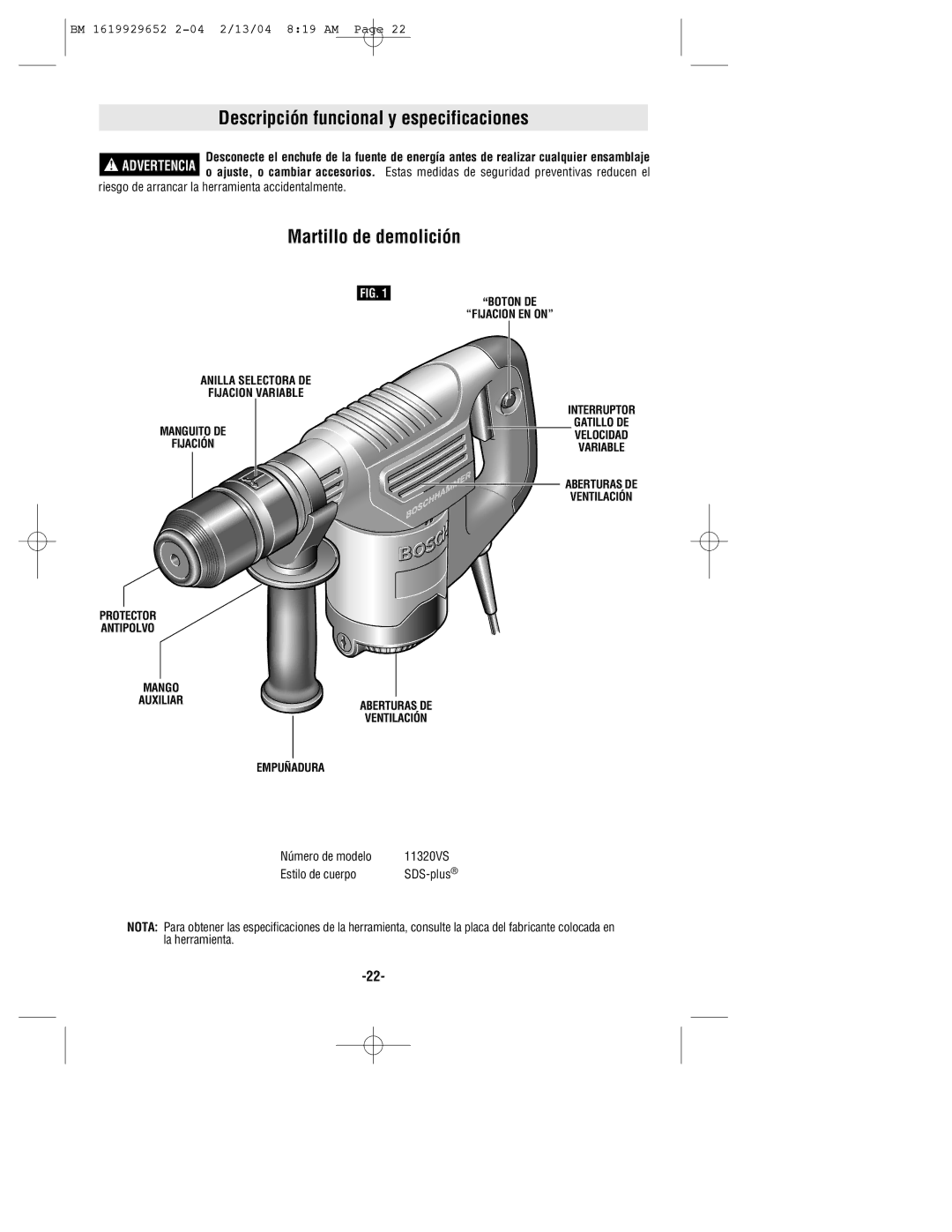 Bosch Power Tools 11320VS manual Descripción funcional y especificaciones, Martillo de demolición 